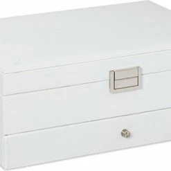 Goedkoop 🧨 Relaxdays Sieradendoos Kunstleer - Juwelendoos - Sieraden Opbergers - Sieradenkist Spiegel - Wit ✔️ -Sieraden-horloges Verkoop 550x314