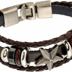 Coupon 🥰 Fako Bijoux® - Armband - Leder Exclusive - Ster - 20cm - Donkerbruin 🌟