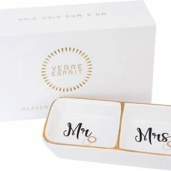 Hete verkoop 😍 Verre Esprit Mr En Mrs Sieradenhouder – 11.5 X 5.5 Cm – Keramische Dubbele Ringhouder - Inclusief Geschenkdoos 🤩