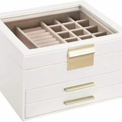 Begroting 🎁 SONGMICS Juwelendoos Met Glazen Deksel, Juwelendoos Met 3 Niveaus, Juwelendoos Met 2 Lades, Juwelenopslag, Geschenk Voor Uw Dierbaren, Witte JBC239WT 👏