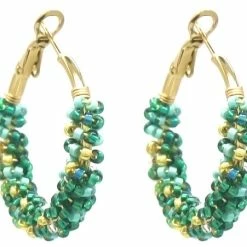 Flash-uitverkoop 🛒 Dielay Oorbellen - Glaskralen - Oorringen RVS - 3 Cm - Goudkleurig En Groen 😀