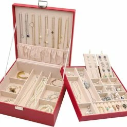 Beste deal 😀 ProCase Sieradendoos Organizer Voor Ketting Oorbellen Armbanden Ringen Accessoires, Grote PU-lederen Sieraden Opbergkoffer Organizer Met Dubbele Stapelbare Laag Voor Dames Meisjes Dames -Rood ❤️ -Sieraden-horloges Verkoop 550x459 1