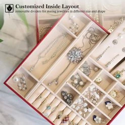 Beste deal 😀 ProCase Sieradendoos Organizer Voor Ketting Oorbellen Armbanden Ringen Accessoires, Grote PU-lederen Sieraden Opbergkoffer Organizer Met Dubbele Stapelbare Laag Voor Dames Meisjes Dames -Rood ❤️ -Sieraden-horloges Verkoop 550x546 6