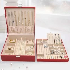 Beste deal 😀 ProCase Sieradendoos Organizer Voor Ketting Oorbellen Armbanden Ringen Accessoires, Grote PU-lederen Sieraden Opbergkoffer Organizer Met Dubbele Stapelbare Laag Voor Dames Meisjes Dames -Rood ❤️