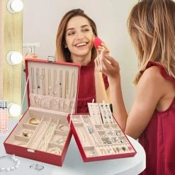 Beste deal 😀 ProCase Sieradendoos Organizer Voor Ketting Oorbellen Armbanden Ringen Accessoires, Grote PU-lederen Sieraden Opbergkoffer Organizer Met Dubbele Stapelbare Laag Voor Dames Meisjes Dames -Rood ❤️ -Sieraden-horloges Verkoop 550x550 725