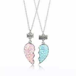 Groothandel ✔️ Bixorp Friends BFF Ketting Voor 2 Met Blauw & Roze Hartje Zilverkleurig - Vriendschapsketting - Twee Helften Best Friends - Voor Meisjes - Best Friends Ketting Vriendschap Cadeau Voor Twee 🎉