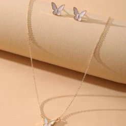 Kopen ❤️ Fashion Jewelry Sieraden Set Vlinder | Ketting + Oorbellen | Wit | Goud Gekleurd 🔥