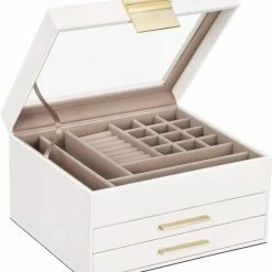 Begroting 🎁 SONGMICS Juwelendoos Met Glazen Deksel, Juwelendoos Met 3 Niveaus, Juwelendoos Met 2 Lades, Juwelenopslag, Geschenk Voor Uw Dierbaren, Witte JBC239WT 👏 -Sieraden-horloges Verkoop 550x610 2