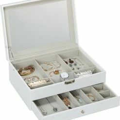 Goedkoop 🧨 Relaxdays Sieradendoos Kunstleer - Juwelendoos - Sieraden Opbergers - Sieradenkist Spiegel - Wit ✔️ -Sieraden-horloges Verkoop 550x620