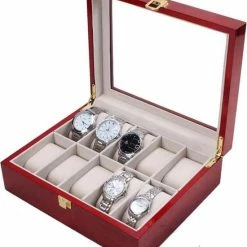 Kopen 🌟 Confibel Horloge Box Voor Uw Juwelen En Sieraden - 10 Compartimenten Met Kussentjes - Hout 😀 -Sieraden-horloges Verkoop 550x642